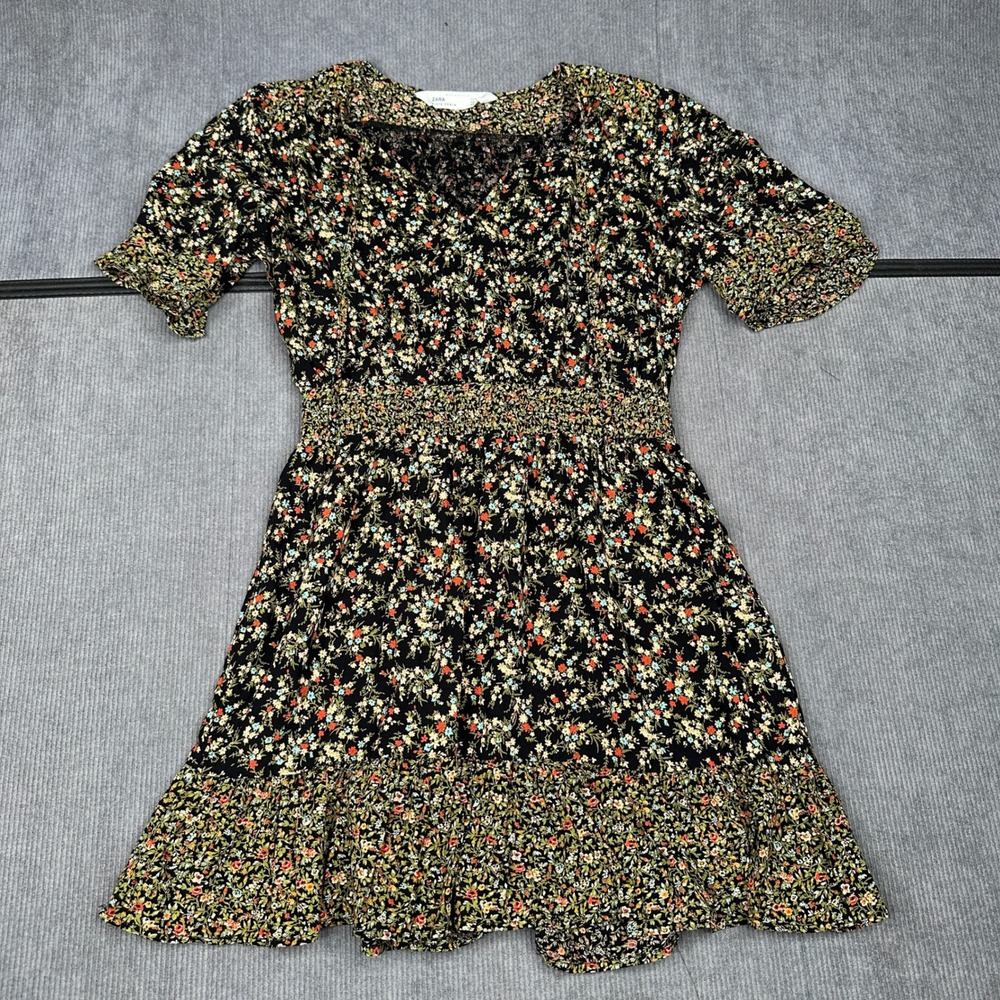 Zara Z1975 Denim Floral Mini Dress Black V-Neck Smocked Waist Small Y2k